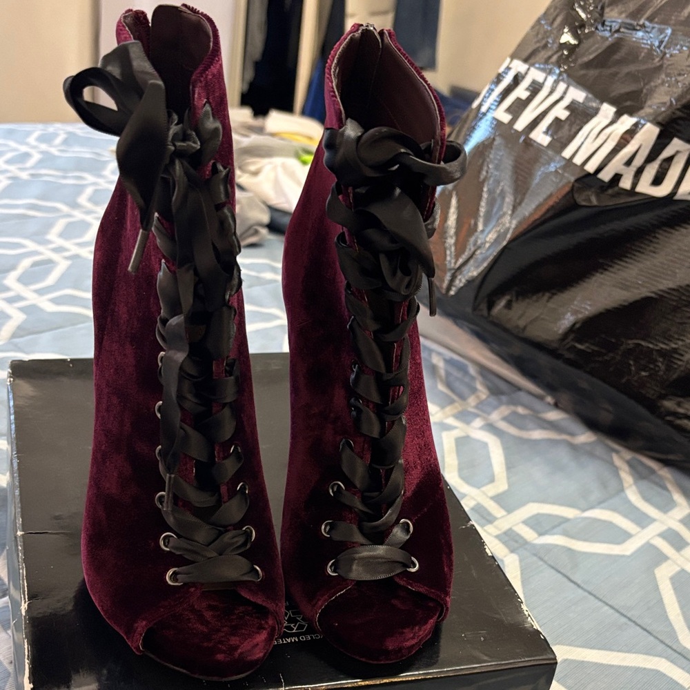 Steve Madden Velvet Lace-Up Heeled Boots - Deep Burgundy